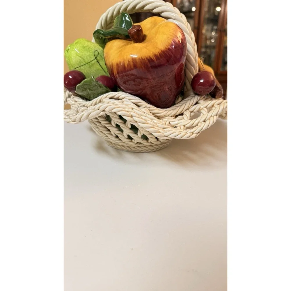 Vintage Italian Style Ceramic Fruit Basket Woven Lattice Centerpiece Decor‎
